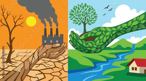 Fotografie Environmental contrast illustration depicting pollution and reforestation with h