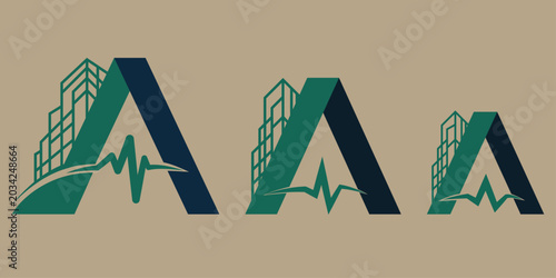 Abstract Medical Construction Logo Design with Building and Heartbeat Concept