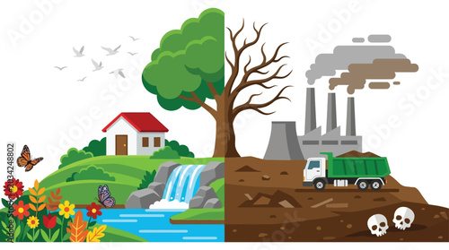Photos Environmental contrast illustration depicting healthy and polluted landscapes