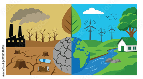 Schilderij op canvas Environmental Comparison Illustration Pollution Versus Renewable Energy And Natu