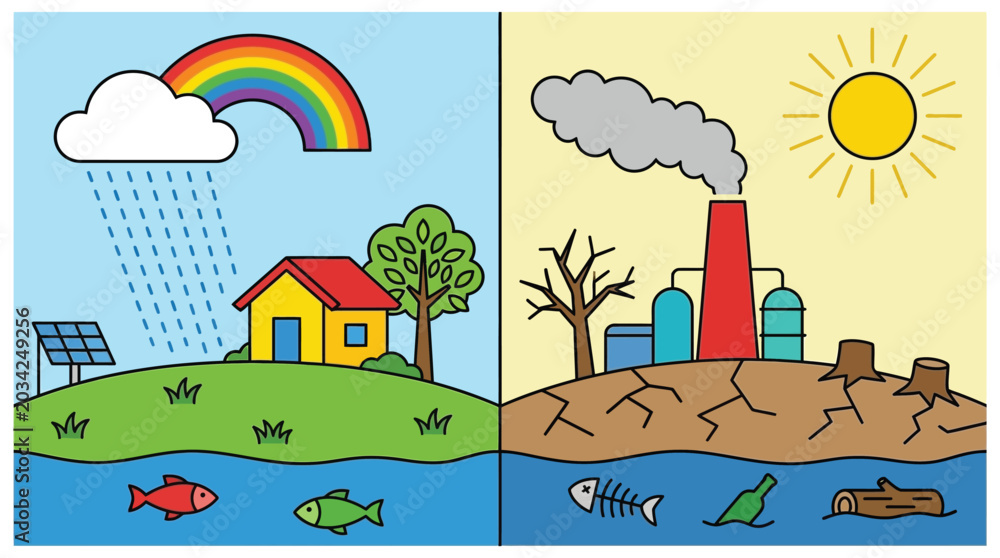 Fototapeta premium Environmental comparison illustration depicting contrasting scenes of nature and industry