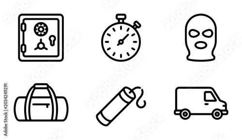 Cuadro en lienzo Crime Icons Set: Safe, Stopwatch, Mask, Duffel Bag, Dynamite, Van, Vector Graphi