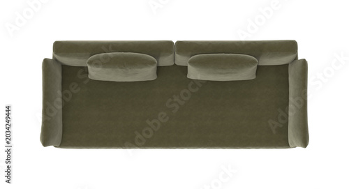 Konstfotografi Modern Green Velvet Sofa with Exposed Metal Frame and Flared Arms Top View on Wh