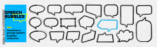 Schilderij op canvas Collection of hand-drawn, blank speech and thought bubbles with various shapes and outline styles, presented on a textured background