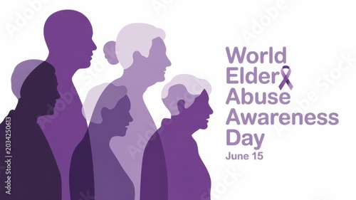 World Elder Abuse Awareness Day with elderly silhouette and purple ribbon isolated on white background