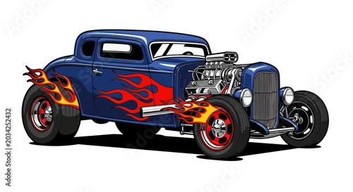 Foto Blue Hot Rod Coupe with Flames and Supercharger