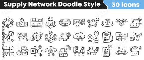 Fotografía Hand drawn doodle style supply network icons for business logistics projects
