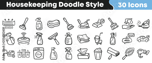 Collection of hand drawn housekeeping icons for various cleaning tasks