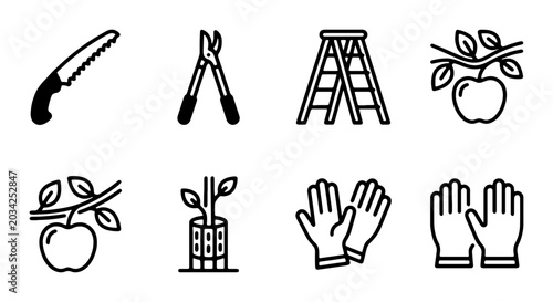 Schilderij op canvas Gardening Tools Icons Set, Orchard Fruit Harvest, Ladder, Saw, Pruners, Gloves,