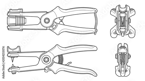 Livestock ear tagger veterinary tool technical drawing blueprint with front side back and top views CAD line art vector illustration