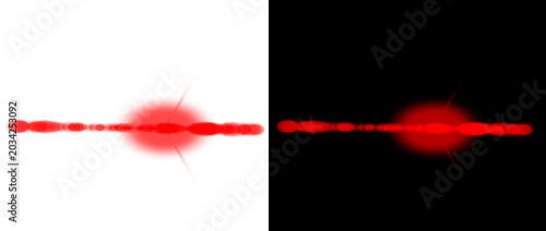 Red laser beam light effect, horizontal glowing neon streak on black and white background, futuristic optical lens flare and scanning line