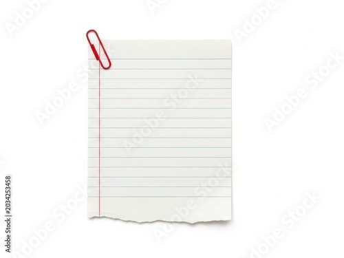 Single sheet of lined notebook paper with a red paperclip on a white background