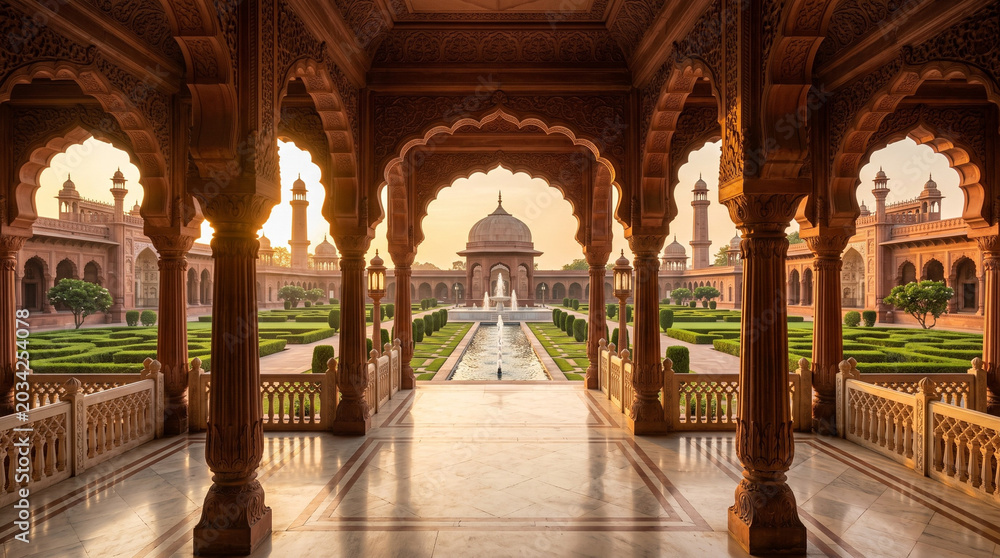 Obraz premium grand mughal inspired palace arches overlooking symmetrical royal garden for luxury heritage travel and architectural design concept