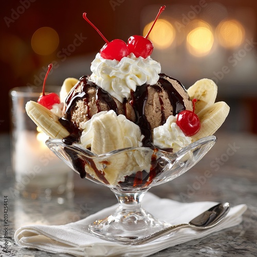 A beautifully presented banana split sits in a clear glass dish, featuring scoops of chocolate ice cream nestled between sliced bananas. Swirls of whipped cream rise like soft peaks.