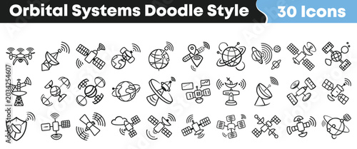 Fotografía Hand drawn doodle style set of various orbital satellite icons