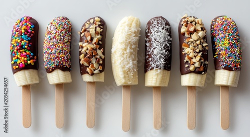 Six chocolate covered bananas on sticks, each with different toppings, are arranged in a horizontal line against a white background. from left to right.
