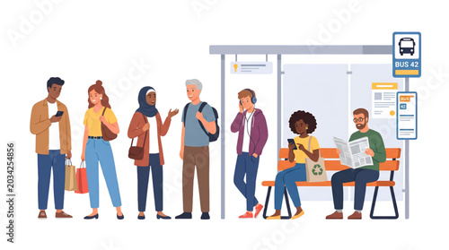 People waiting at urban bus stop public transport flat vector illustration isolated on white background