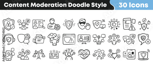 Cuadro en lienzo Hand drawn doodle set of thirty content moderation system icons