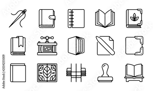 Foto Bookbinding Icons Set, Vintage Library Symbols, Crafting Tools, Journal Elements