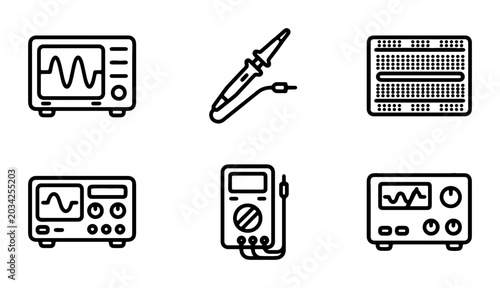 Foto Electronic Circuit Tools Icons: Oscilloscope, Soldering Iron, Breadboard, Multim