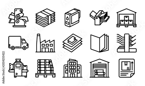 Schilderij op canvas Printing Industry Icons: Offset Press, Ink Cartridge, Warehouse, Delivery Truck,