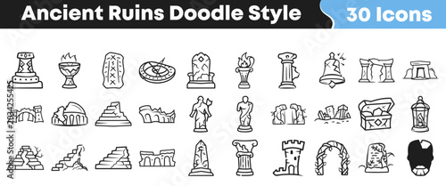 Fotografía Set of hand drawn doodle icons featuring various ancient stone ruins