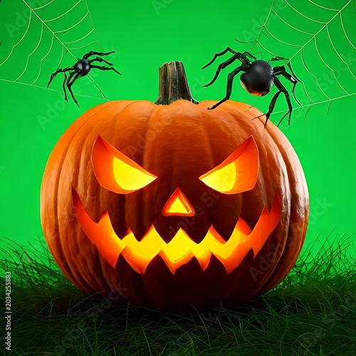 Glowing jack-o'-lantern with spooky spiders and cobwebs