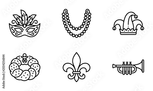 Photography Mardi Gras Icons: Masquerade Mask, Beads, Jester Hat, King Cake, Fleur de Lis, T