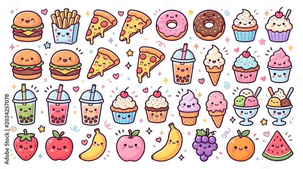 Obraz premium Cute Fast Food and Dessert Doodle Set Hand Drawn Kawaii Snacks Collection