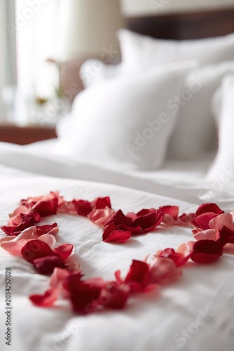 Rose petals are arranged in the shape of a heart on top of a neatly made hotel bed. This setup is for a romantic surprise, perfect for couples on a special occasion