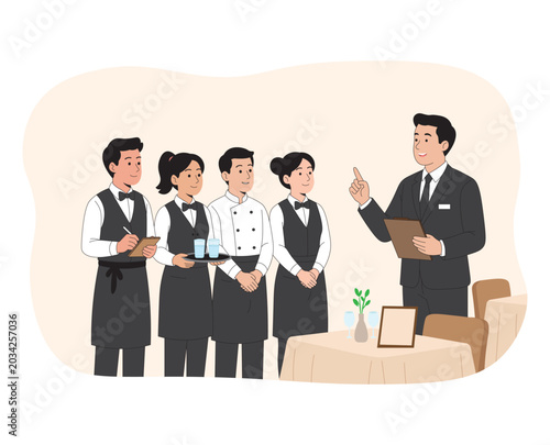 Hotel Manager Giving Instructions to Restaurant Staff Team, Hospitality Training, Employee Briefing, Customer Service and Workforce Management Flat Vector Illustration.
