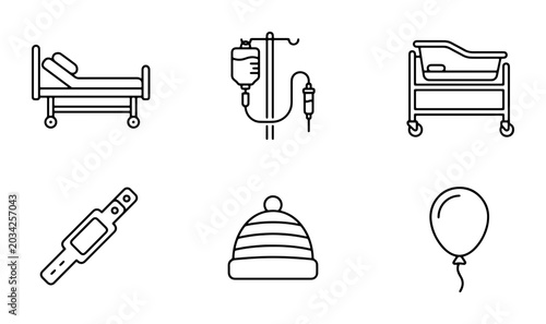 Photos Medical and Baby Care Icons: Hospital Bed, IV Drip, Bassinet, Thermometer, Hat,