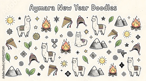 Playful Hand Drawn Aymara New Year Sticker Set with Alpacas Sun Fire Mountains Coca Leaves and Andean Ceremonial Symbols Black Ink Doodle Illustration with Color Accents