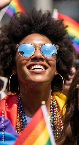 Close-up of a smiling woman wearing sunglasses and rainbow-colored beads, with rainbow flags in the background, symbolizing pride and celebration