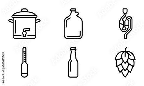 Photography Home Brewing Equipment Icons: Fermenter, Hydrometer, Hops, Bottle, 6 Vector Elem