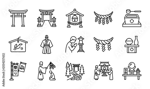 Schilderij op canvas Japanese Shinto Shrine Icons, Sacred Torii Gates, Rituals, Worship, 15 Vector El