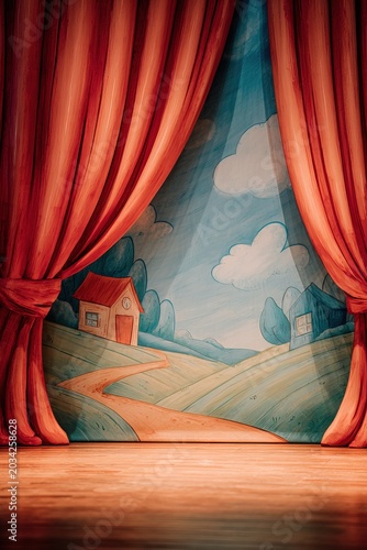 A small stage is ready for a kids theater performance. The curtain is closed, and a painted backdrop shows a landscape with houses and trees. The space awaits young performers