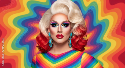 A drag queen with bold makeup, bright wig, and rainbow attire, set against a vibrant rainbow wave background, symbolizing LGBTQ+ pride and celebration