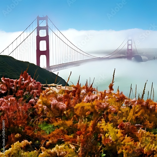 Iconic bridge emerging from fog with autumn foliage