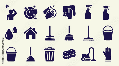 Canvas Print Set of cleaning icons for household chores, hygiene, and sanitary tasks
