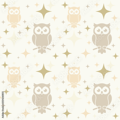Cute Owl and Star Seamless Pattern in Neutral Beige