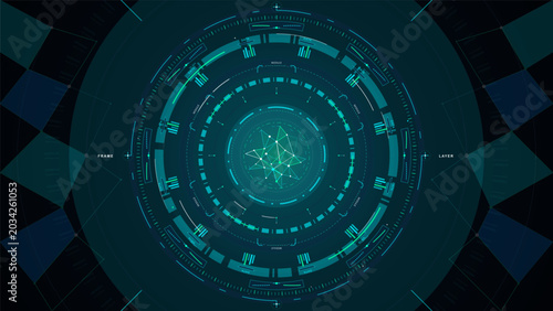 Fotografía Futuristic circular data interface with glowing teal HUD rings, central network mesh, modular readouts, and dark geometric grid background