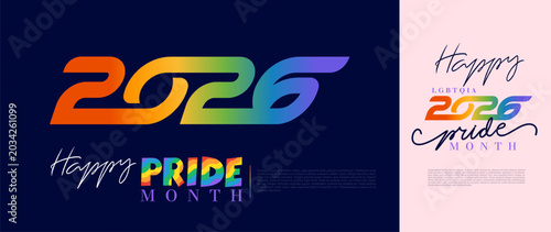 Happy Pride Month 2026 vector template with rainbow progress Pride gradient flag background. Festive LGBTQIA design for social media posts, banners, parades, parties, and celebration events.