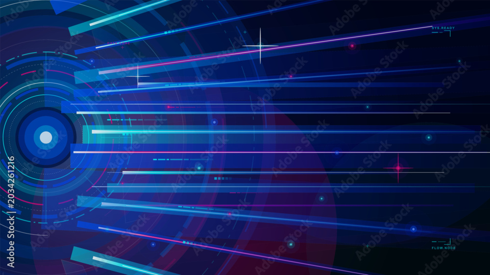 Fototapeta premium Abstract futuristic data flow background with glowing blue and magenta light streaks, circular HUD rings, grid overlays and dark digital space.