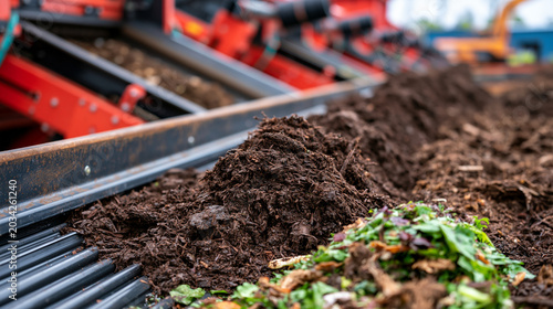 A large-scale automated composting facility at peak summer operation, rows of churning windrow machines turning food waste under a hazy afternoon sky, industrial organic waste processing and circula