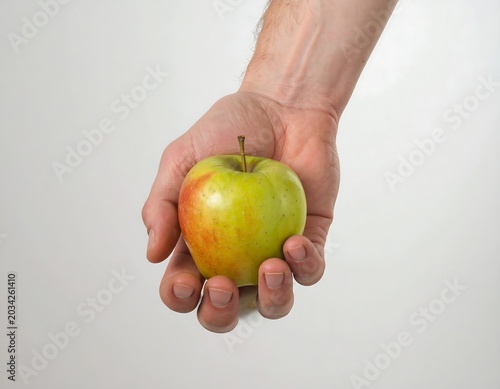 Hand holding a fresh green and red apple
