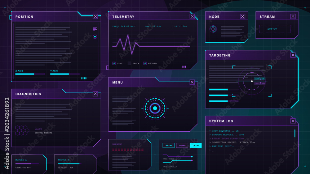Fototapeta premium Futuristic purple HUD vector dashboard with multiple data panels, telemetry waveform, targeting display, system log, cyan accents, and dark grid