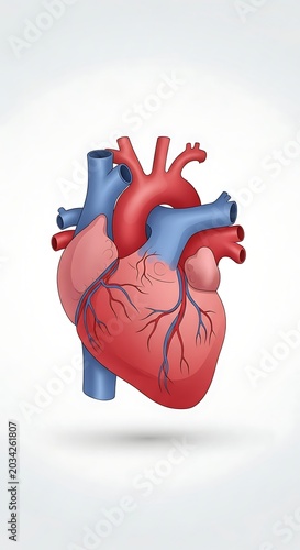 3D rendered human heart with blue blood vessels and red muscle.