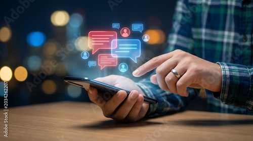 Person using a smartphone at night with floating digital chat bubble icons representing social media engagement and mobile communication technology in a blurred urban background