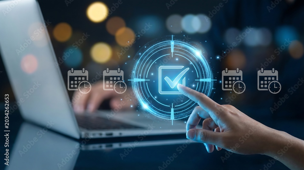 Fototapeta premium Person touching digital calendar and check mark icon on interface screen representing time management and project scheduling success in professional environment with glowing background
